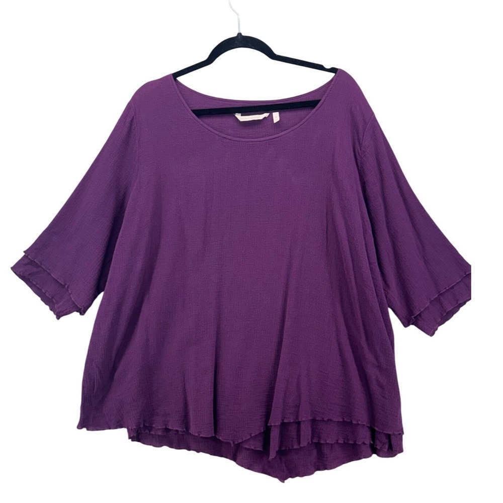 Soft Surroundings Womens 2X Eggplant Purple Cotton Gauze Ruffle Sleeve Top 56612